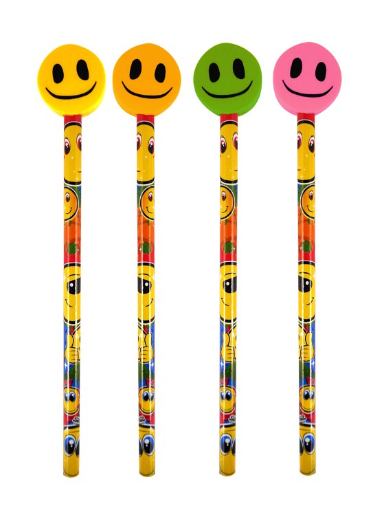 Yellow Smile Pencils with Smiling Eraser Toppers in 4 Assorted Colours