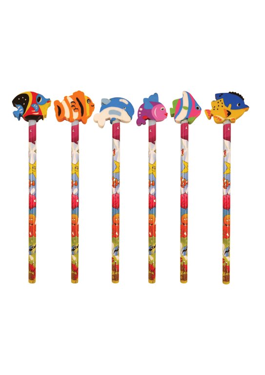 Sealife Pencils with Eraser Toppers in 6 Assorted Designs