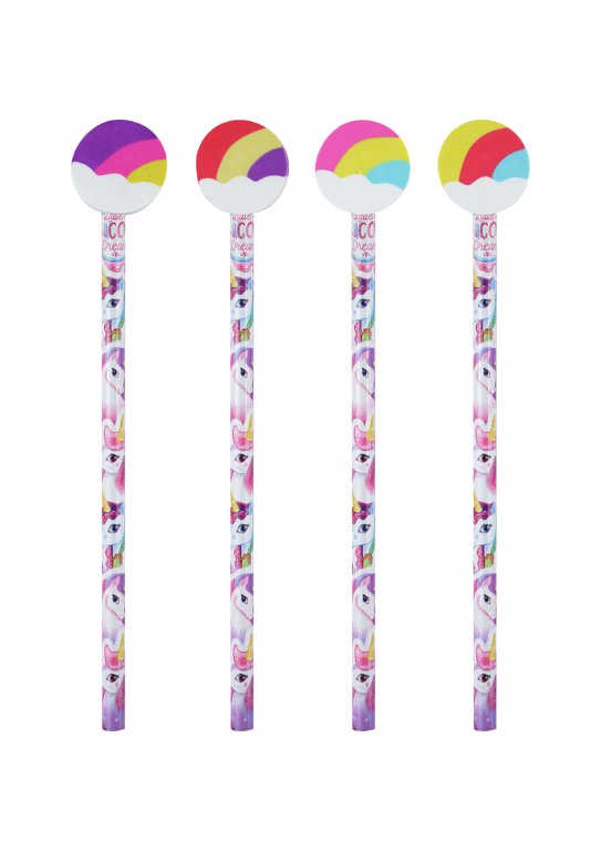 Unicorn Pencils with Eraser Toppers in 4 Assorted Designs