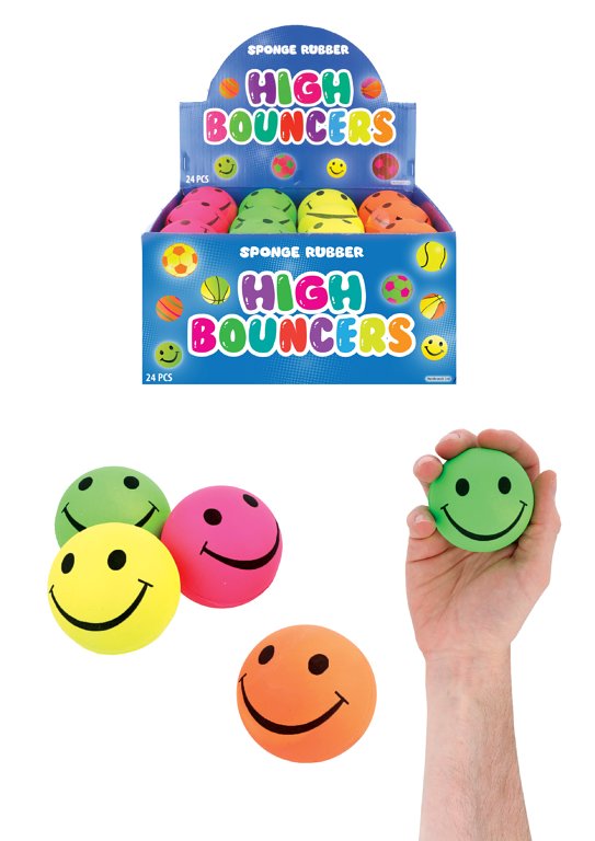 High Bounce Balls with Neon Smiling Faces (6.2cm) 4 Assorted Colours