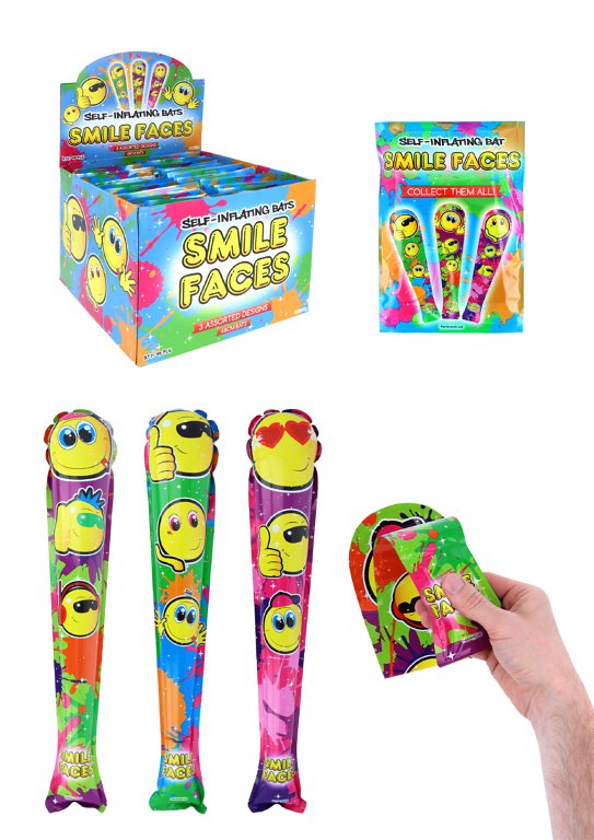 Self Inflating Yellow Smile Face Baseball Bats (48cm) 3 Assorted Designs